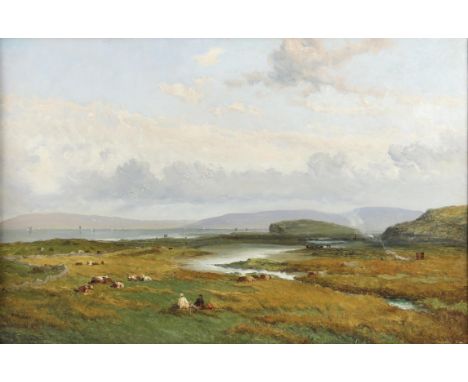 John Holland (British fl.1863-1893), Figures and cattle in a marshy landscape near the shore, oil on canvas, signed lower lef