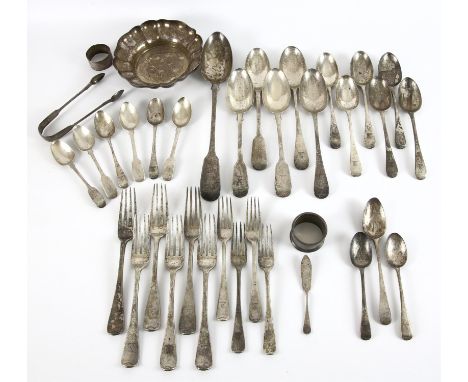 Victorian part canteen of Old English pattern cutlery, with lions head crest and broad arrow mark, by John Samuel Hunt, Londo