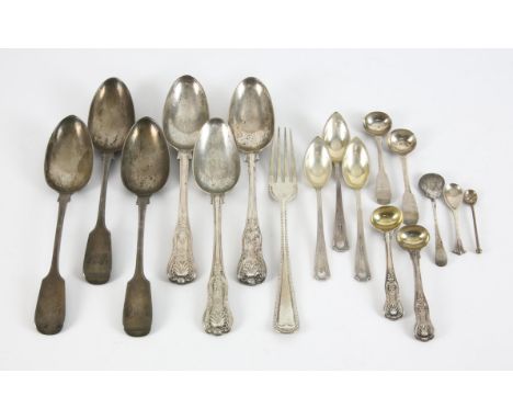 Three fiddle pattern table spoons by Reid & Sons, Newcastle 1843, three Kings pattern table spoons, London 1757-1758, pair of