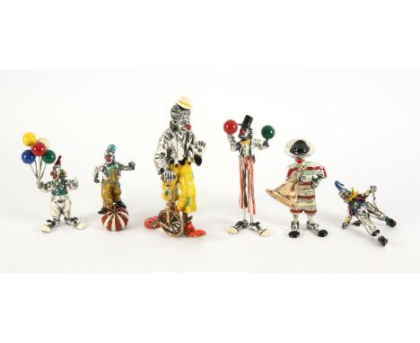 Pietro Sorini and Ilario Casi, Arezzo, 20th century, a collection of five enameled silver clowns and one one silver and bronz