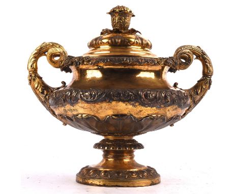Large and impressive George IV silver gilt two handled cup and cover, cast and chased with fruiting vines, acanthus leaves an