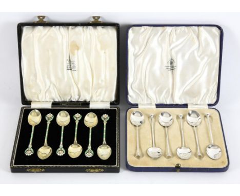 Cases set of six silver gilt and enamel "Daisy" demi-tasse spoons by Turner & Simpson, Birmingham 1937 retailed by Garrard |&