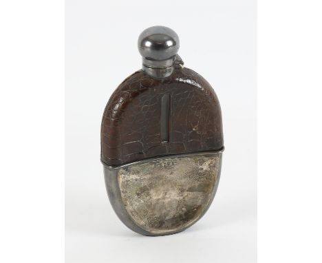 Victorian glass and crocodile skin hip flask with silver top and cup by James Dixon & son