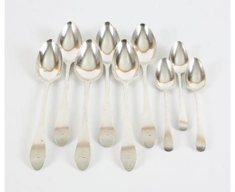 Set of six George III Scottish silver Celtic point desert spoons engraved with the letter F, Edinburgh 1802, and three tea sp