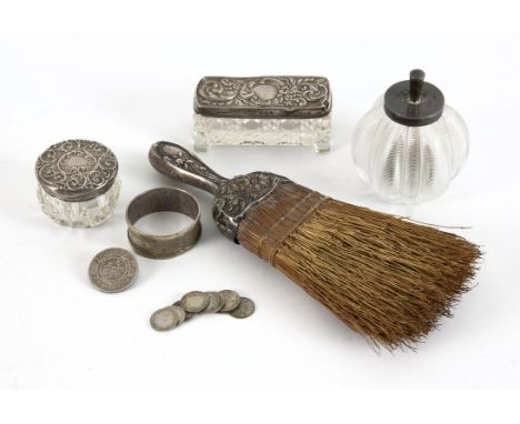 Various small silver items to include a frosted glass powder jar with silver mounts, Birmingham 1911, two silver mounted pin 