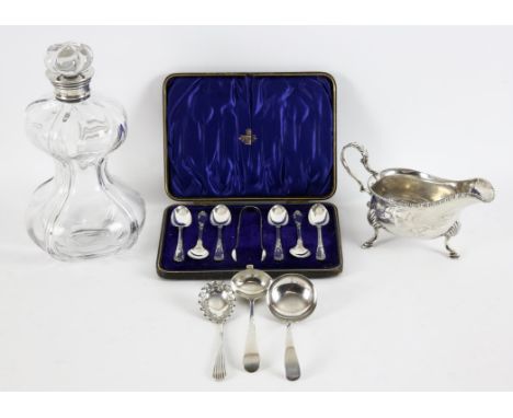 Silver gravy boat , London 1903, cased set of six tea spoons with sugar tongs, Sheffield 1900, George III sauce ladle, anothe