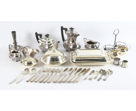 Mixed lot of silver plated items to include vegetable tureens, four piece tea and coffee service, muffin dish, fish knives an
