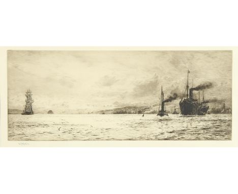 William Lionel Wyllie (British 1851-1931), Dumbarton Rock, etching, signed lower left, with title label verso, 29 x 49cm. Fra