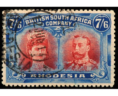 Stamps - Rhodesia - 1910 - 13 Double Heads 7s 6d carmine and bright blue. Postally used SG 162. Paper adhering to reserve. On