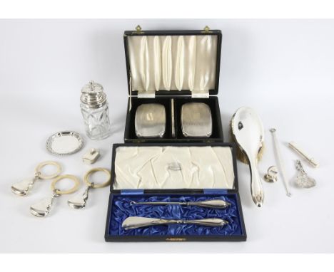Pair of gentleman's engine turned silver backed hair brushes, cased with comb, silver backed hair brush, silver handled shoe 