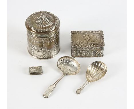 Edward VII circular silver box the cover embossed with a classical figure, the base with torches and foliate swags, 6.5cm, sm