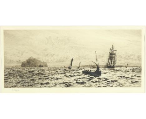 William Lionel Wyllie (British 1851-1931), The Bass Rock, etching, signed lower left, with title label verso, 21.5 x 49.5cm. 