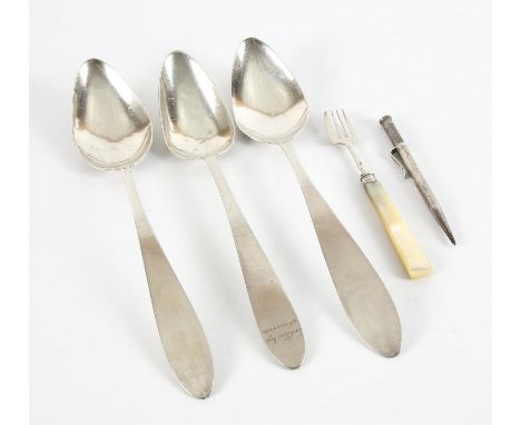 Pair of continental silver  spoons with dot point inscriptions, another similar table spoon engraved on the tip, 3ozt 100gm, 
