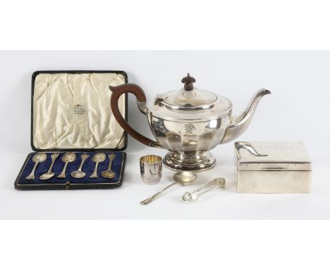 Fluted silver tea pot on pedestal foot, Birmingham 1929, engraved with monogram,cased set of six trefid coffee spoons engrave