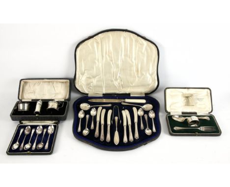 Cased set of silver tea knives, spoons, sugar tongs, butter knife, jam spoons and bread knife with mother of pearl handle, Sh