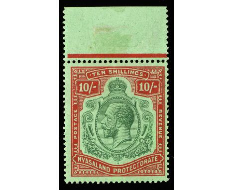 Stamps - Nyasaland, 1921 - 23 George V, 10/- SG 113, unmounted mint. Top marginal horizontal crease on reverse. ( 1 item)