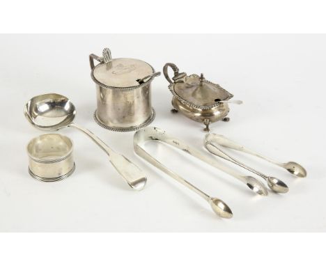 Drum mustard pot the hinged cover with Dragon Crest and motto, London 1896, covered salt, mustard spoon, salt spoon, two pair