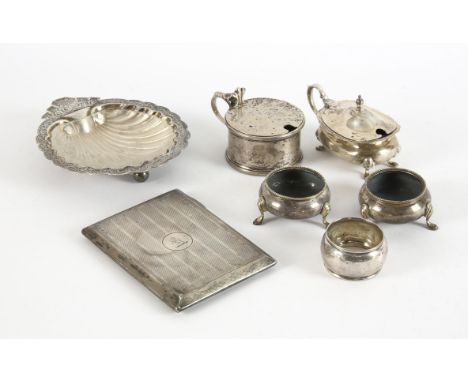 Pair of Victorian cauldron salts, London 1876, shell form butter dish with glass liner, Sheffield 1894, engine turned cigaret