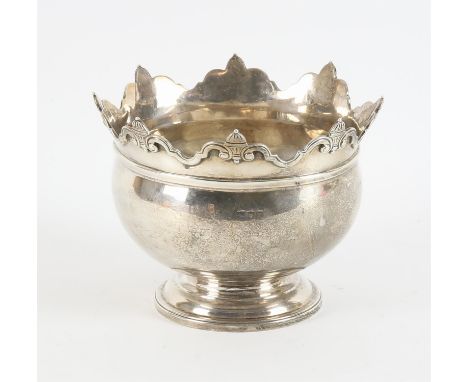 Small silver bowl with scroll rim on pedestal foot, marks rubbed, 7ozt 224gm