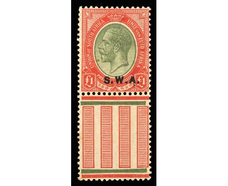 Stamps - South West Africa - 1927 - 30 George V £1, olive green and red, SG 57. Marginal copy tropicalised  paper. (1 Item)