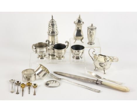 Silver sugar castor, Birmingham 1931, and other items of small silver to include, sauce boat, condiment spoons, serviette rin