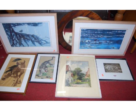 Assorted pictures and prints, and a walnut framed oval wall mirror (6)