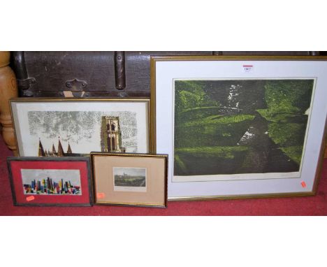 Norman Wade - Durham Cathedral, lithograph; two other contemporary works;  a topographical engraving of Saffron Walden; and a