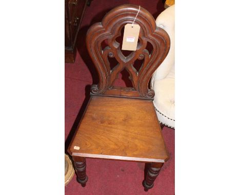 A Victorian mahogany hall chair, having a shaped back and solid seat on turned legs, together with a Victorian oak bobbin tur