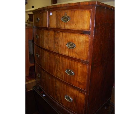 A Victorian flame mahogany veneered bowfront chest of drawers, width 92cm