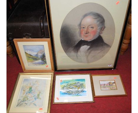 Assorted pictures and prints, to include mountain landscape watercolour, fishing boats in harbour ink drawing etc
