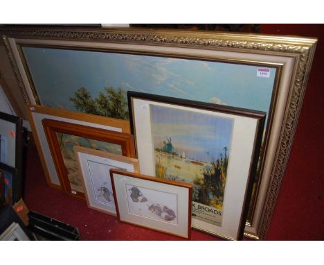 Assorted pictures and prints, to include various animal studies, Kersey amateur watercolour, and a Norfolk Broads advertising
