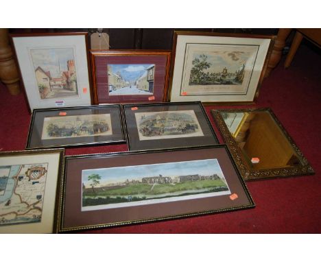 Assorted pictures and prints, to include topographical watercolours of Woolpit, topographical engravings etc (8)