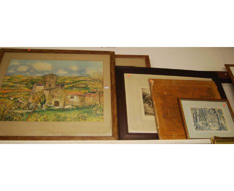 Assorted pictures and prints, to include Morris Ultrillo, Railway &amp; Station Map of Suffolk etc