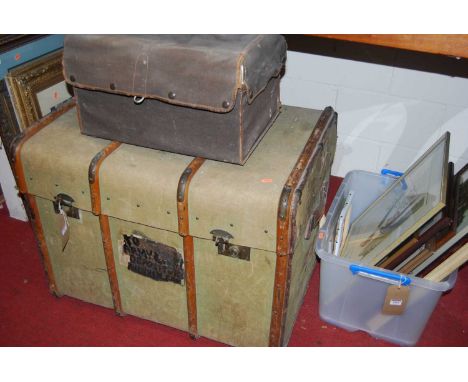 A wooden bound canvas trunk, w.82cm; and a canvas bound metal smaller trunk (2)