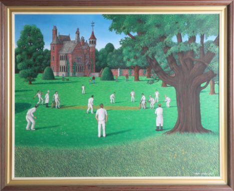 Larry Smart (1945-2005) 'Cricket Scene', signed, acrylic? on canvas, dated 1986, framed, 60cm x 75cm, (Larry Smart created ic