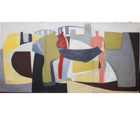 Derek Holland (1927-2014) mural, oil on board, 1962 'Tamar Bridge' in three sections, each panel 183 x 122 (six by four feet)