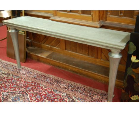 A contemporary silvered elm long console table, raised on turned tapering supports, w.180cm    Condition Report / Extra Infor