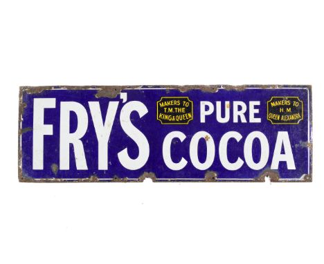 A vintage Fry's Pure Cocoa blue and white enamel advertising sign. H30.5cm x W91.5cm. All items in this auction are sold as s