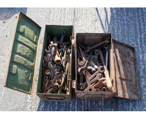 Two ammunitions boxes containing a collection of mostly imperial spanners and other tools. Including Lister and Snail Brand, 