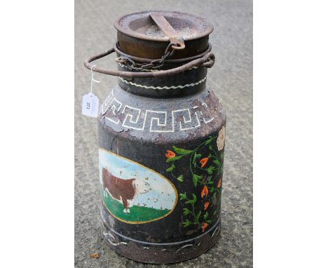 A painted metal milk churn. Decorated with an image of a cow to the front, H50cm (excluding handle)
