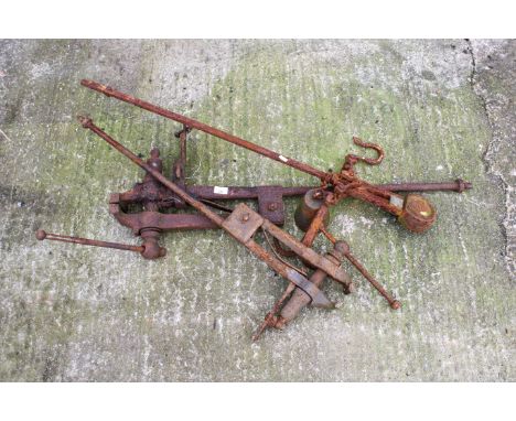 A set of vintage balance scales with two vices. The scales complete with hooks and balance, L108cm.All items in this auction 
