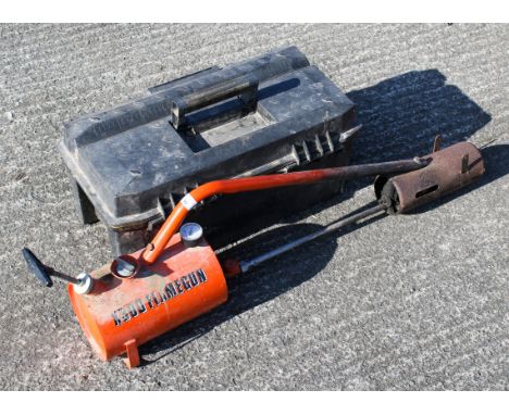 An X300 Flame gun with pressure gauge and a box of tools. The tools including planes and a drill..All items in this auction a