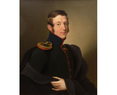 Duitse school, 19e eeuw Portret van een officier/ portret van een elegante jongedame tweemaal doek, 65 x 60 cm. German school