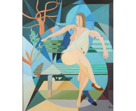 Aldo Fregado (20e eeuw) 'The green bench' doek, gesign. r.o., '85, 60 x 50 cm. [1]