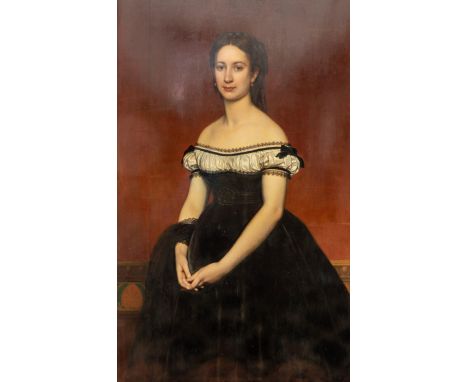 Joseph van Lerius (1823-1876) Portret van mevrouw M. Lynen (1869) paneel, gesigneerd, 145 x 90 cm. A Portrait of Mme M. Lynen