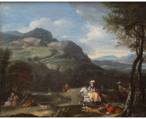 Hollandse school, 17e/18e eeuw Een elegant jachtgezelschap in een berglandschap doek, 38 x 47 cm. [1] Dutch school, 17th/18th