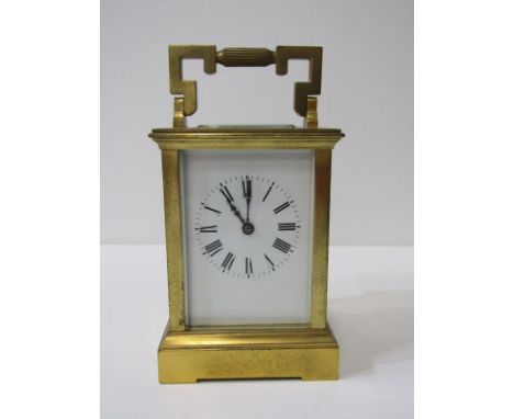 CARRIAGE CLOCK, plain brass case and bevelled glass carriage clock with coiled bar strike, 15cm height 