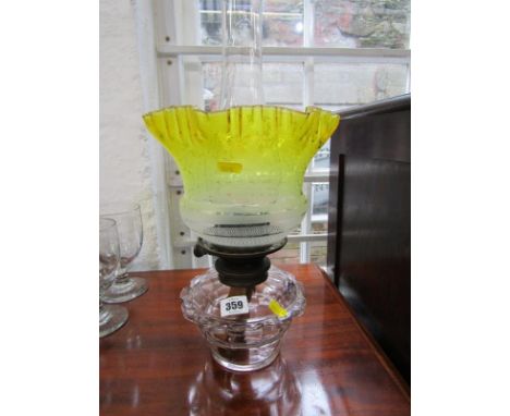 OIL LAMP, glass oil lamp with etched floral decorated yellow shade, 44cm overall Shade and font both in good condition with n