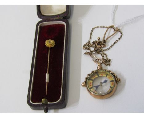 VINTAGE COMPASS, a gold framed compass on safety chain together with a vintage gold stick pin set with small diamond 