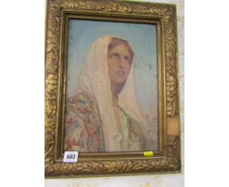 INDISTINCTLY SIGNED OIL ON CANVAS, "Portrait of Young Lady with shawl", 34cm x 24cm 